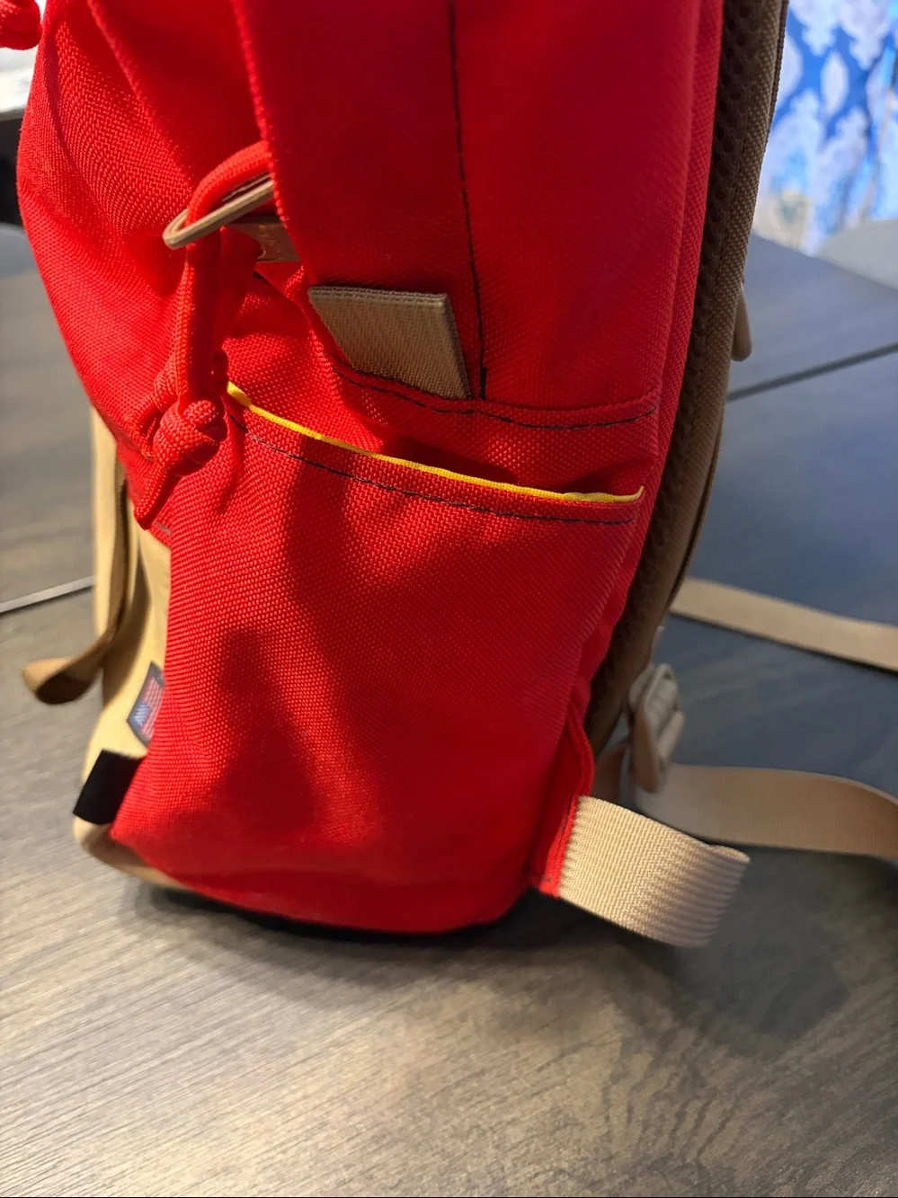 Topo Designs Daypack Backpack Red Khaki Leather EUC